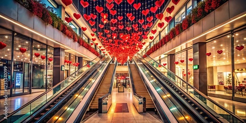 Romantic Valentine's Day Decorations & Escalator - Long Exposure Shopping Mall Stock Photo photo