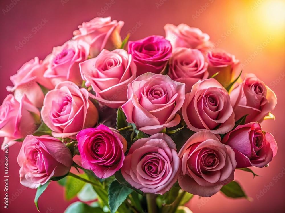 Roses in a Pink Bouquet on a Pink Background in the Sun Roses in a Pink Bouquet on a Pink Background in the Sun