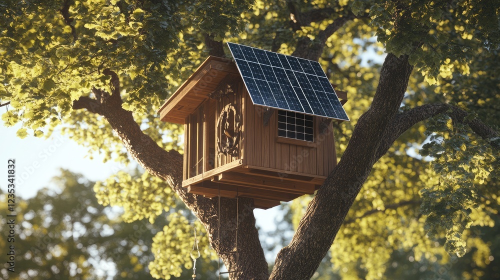 A sustainable treehouse using solar panels for power. A sustainable treehouse using solar panels for power.