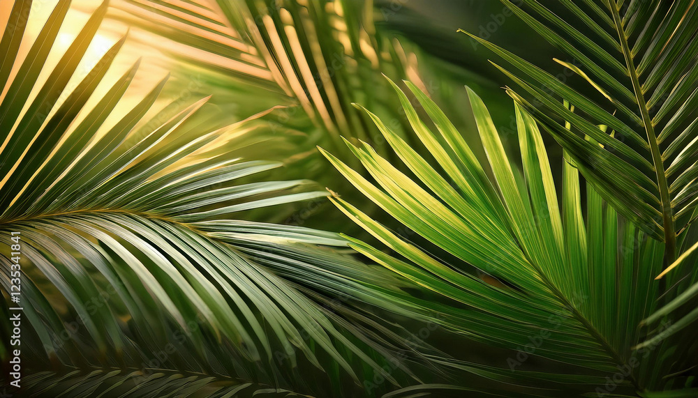 Vibrant green palm leaves are backlit by warm golden sunlight, creating a tropical and peaceful natural scene. Vibrant green palm leaves are backlit by warm golden sunlight, creating a tropical and peaceful natural scene.