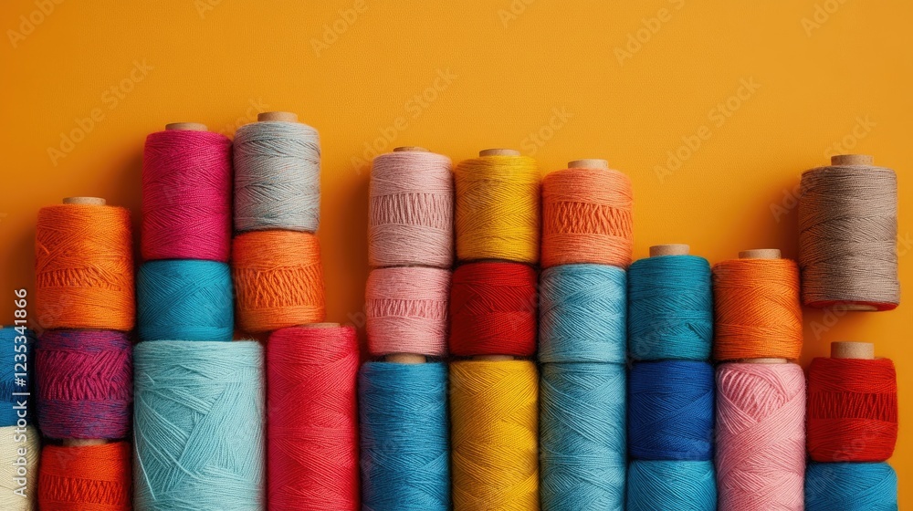 Stacks of colorful wool yarn spools arranged in a neat pattern, warm orange background. Stacks of colorful wool yarn spools arranged in a neat pattern, warm orange background.