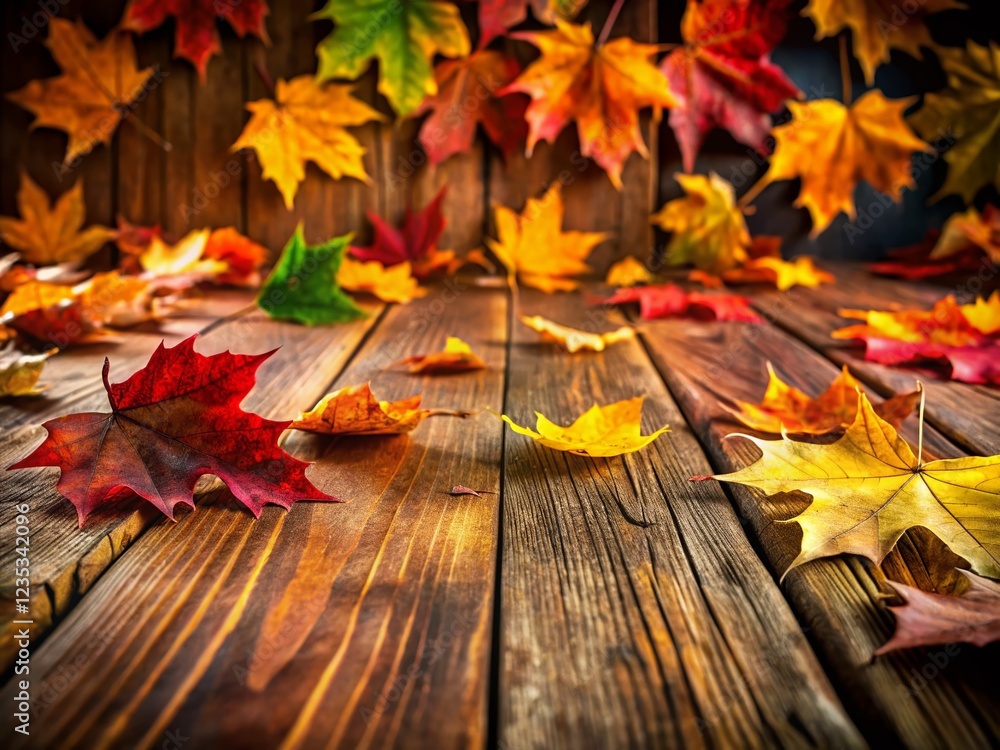 Obraz premium Rustic Autumn Tabletop with Vibrant Leaves