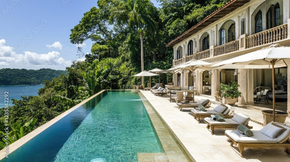 Fototapeta premium A tropical luxury estate with a stunning oceanfront infinity pool.