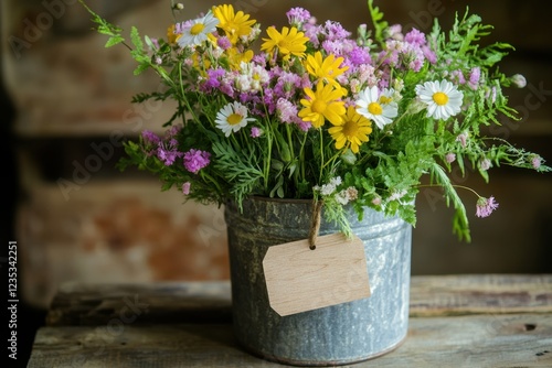 Wallpaper Mural Wildflower bouquet in rustic metal bucket with blank tag Torontodigital.ca