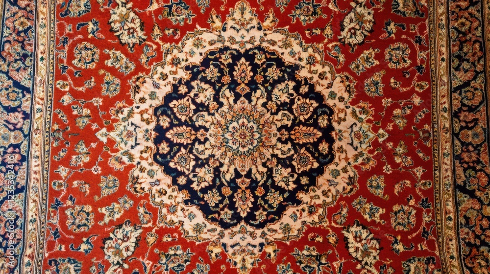 Traditional Persian carpet patterns in a symmetrical layout, deep warm red background.
