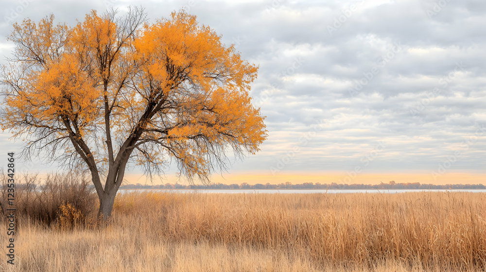 Golden autumn tree by lake, serene landscape Golden autumn tree by lake, serene landscape