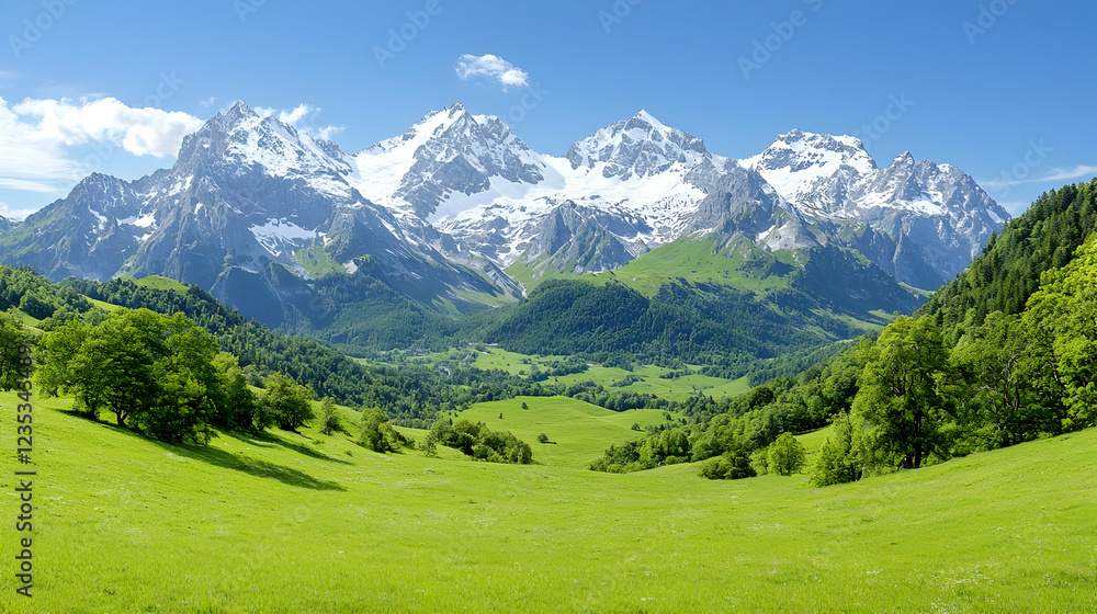Majestic snow-capped mountains, green valley, sunny day, travel poster Majestic snow-capped mountains, green valley, sunny day, travel poster