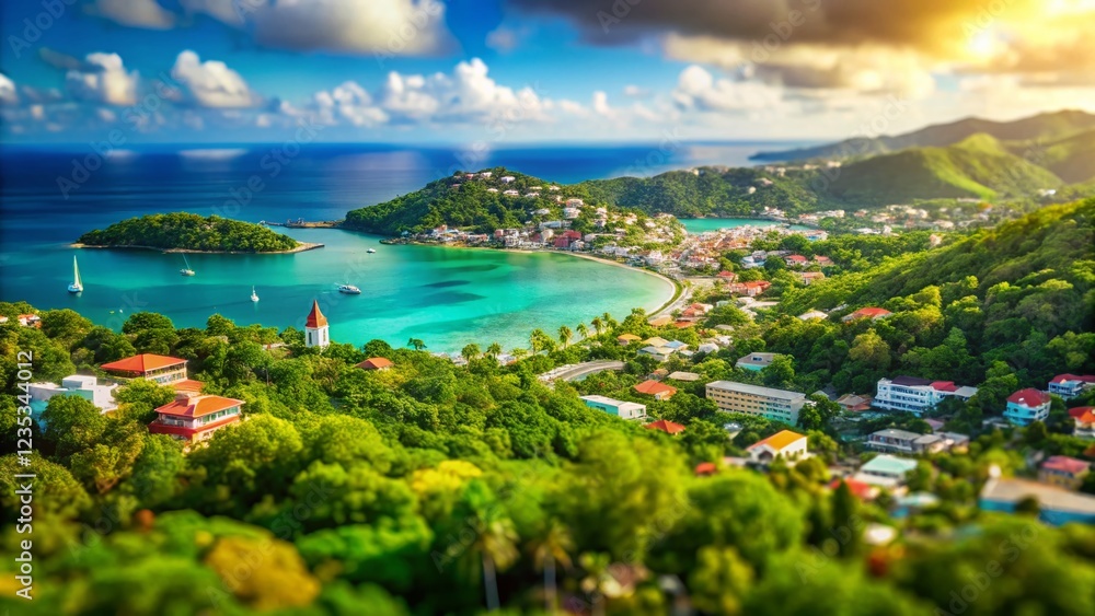 Naklejka premium Saint Thomas, Jamaica Aerial View: Bokeh Effect Island Paradise