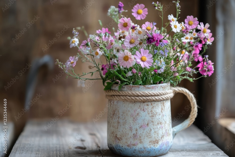 Fototapeta premium Delicate wildflowers arranged in a rustic ceramic mug