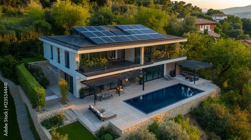 A Luxurious Modern Villa Perched On A Hillside, Boasting A Solar Panel Roof, Infinity Pool, And Stunning Views. Perfect For A Relaxing Getaway.