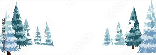 Winter landscape of a forest against a background of mountains and snow. Winter nature vector illustration for Christmas design. Hike concept. Empty Christmas banner.