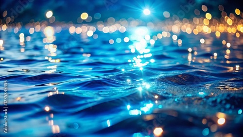 Serene Blue Water, Fairy Lights Reflection, Magical Macro Photography