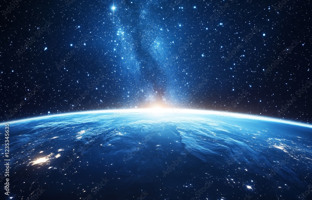 Fototapeta premium Earthrise over Milky Way, space exploration backdrop