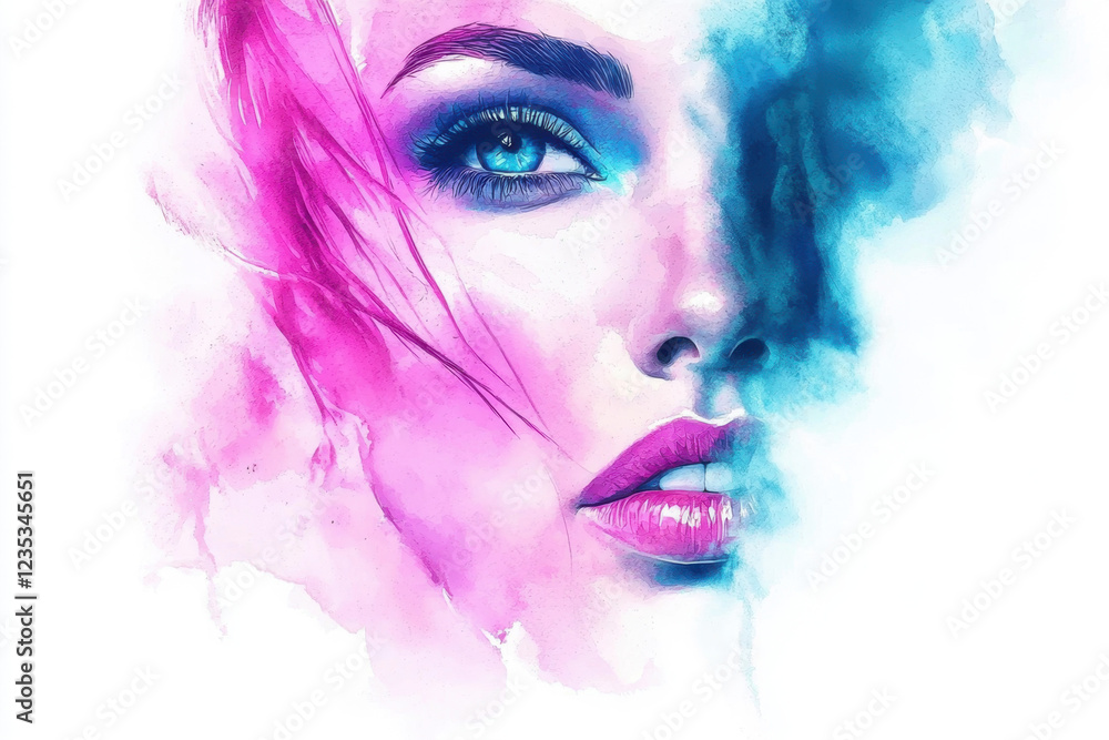 Fototapeta premium Ethereal digital painting of a woman emerging from pink and blue mist