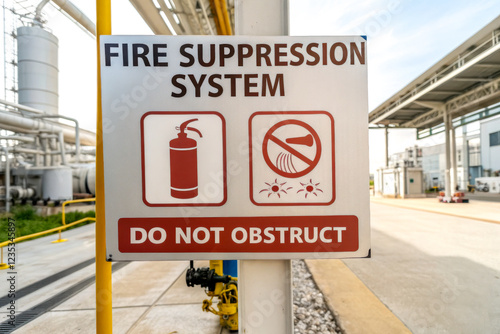 A warning sign indicating the importance of fire suppression systems, featuring a fire extinguisher icon and instructions to not obstruct the system. photo