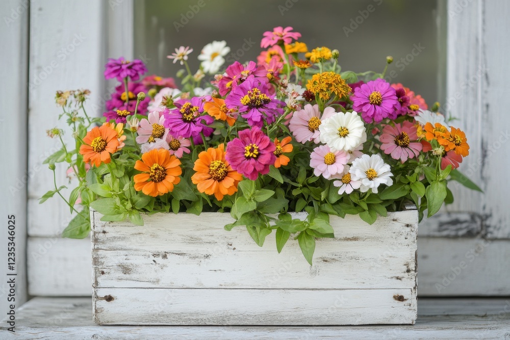 Colorful Zinnia Flowers in Rustic White Planter Box Colorful Zinnia Flowers in Rustic White Planter Box