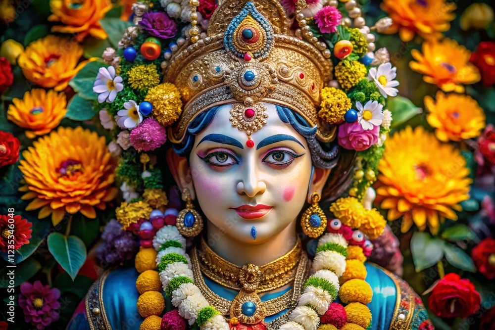 Serene Hindu God Celebrates Janmashtami: Vibrant Deity with Floral Crowns and Jewelry in Indian Art Style Serene Hindu God Celebrates Janmashtami: Vibrant Deity with Floral Crowns and Jewelry in Indian Art Style
