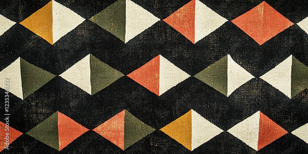 Fototapeta premium Mid-century modern textile pattern, 1964s graphic design, diamonds and triangles, scandinavian folk motifs, olive green and burnt sienna