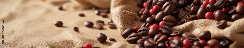 Coffee beans spilled out of a burlap sack onto a bed of lush coffee berries, earthy, coffee plant Coffee beans spilled out of a burlap sack onto a bed of lush coffee berries, earthy, coffee plant