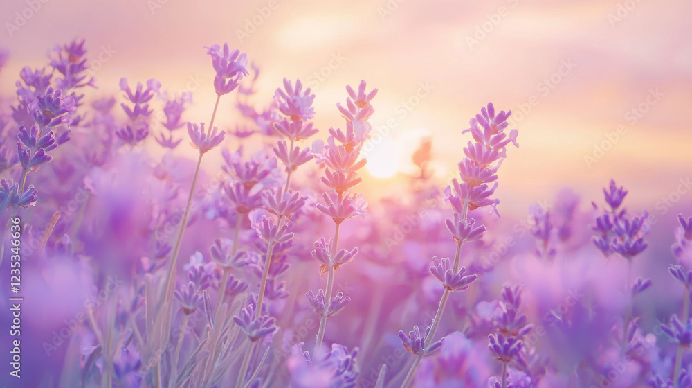 Fototapeta premium Lavender field in warm golden sunset light with soft focus