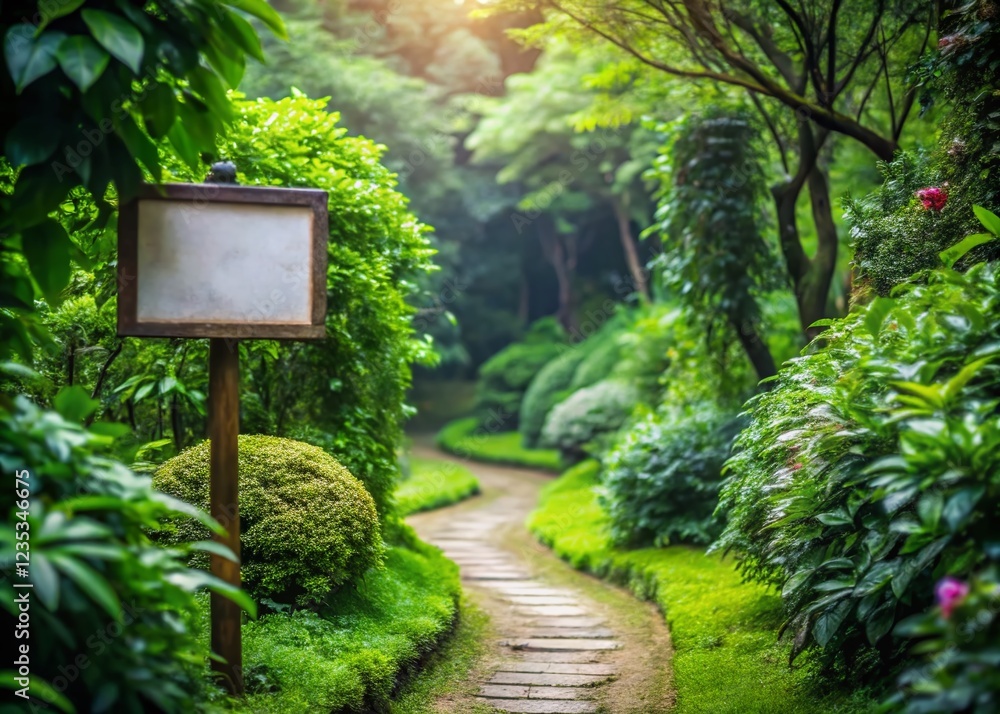 Serene Pathway Through Lush Greenery with Blank Sign for Custom Messaging Serene Pathway Through Lush Greenery with Blank Sign for Custom Messaging