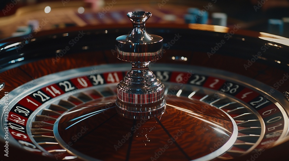 Close-up of a Classic Roulette Wheel in a Casino setting with a wooden and steel design Close-up of a Classic Roulette Wheel in a Casino setting with a wooden and steel design