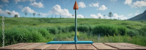 Colorful arrows on a wooden plank rising from the ground amidst a blue-green landscape, blooming, verdant, ascending