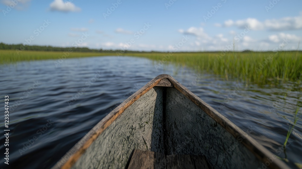 Canoe ride through tranquil swamp, sunny day Canoe ride through tranquil swamp, sunny day