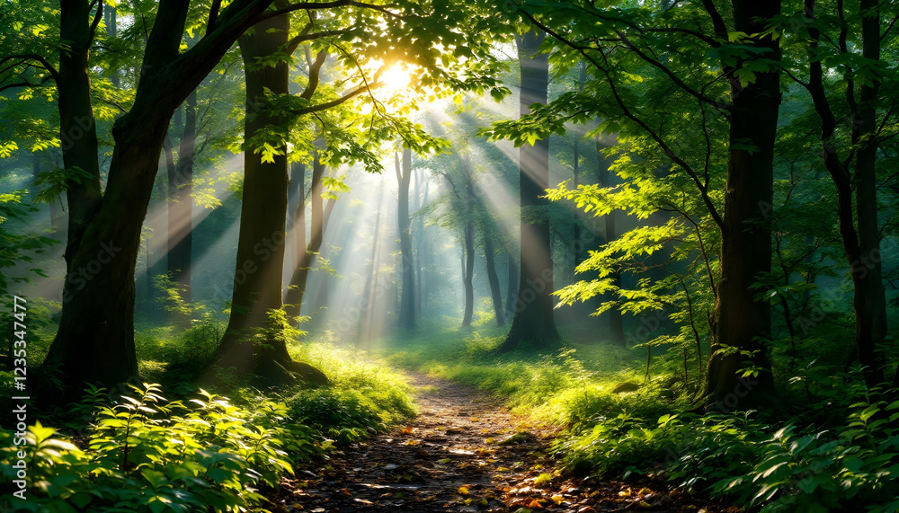 Fototapeta premium A breathtaking garden filled with vibrant, colorful flowers in full bloom, surrounded by lush greenery and towering trees. A winding stone path leads through the garden, with butterflies fluttering an