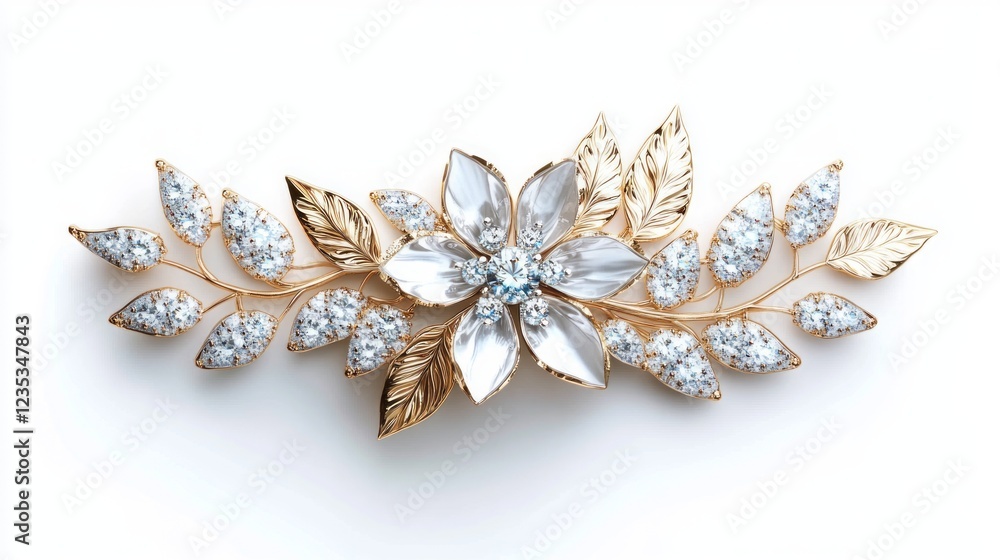 Fototapeta premium A Luxurious Gold And Diamond Brooch In The Shape Of A Flower And Leaves, Perfect For Adding A Touch Of Elegance To Any Outfit.