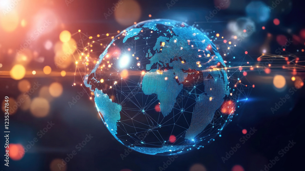 Glowing Digital Earth with Illuminated Network on a Dark Background Glowing Digital Earth with Illuminated Network on a Dark Background