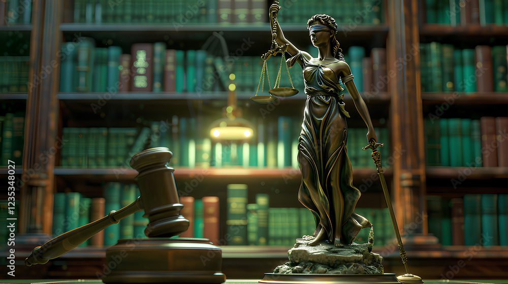 Fototapeta premium statue of Lady Justice, holding the scales in her hand and a gavel beside it, is placed in front of bookshelves, with a green table surface beneath them. creating an atmosphere of professional elegant