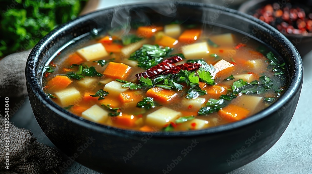 A steaming bowl of vibrant vegetable soup garnished with herbs and spices A steaming bowl of vibrant vegetable soup garnished with herbs and spices