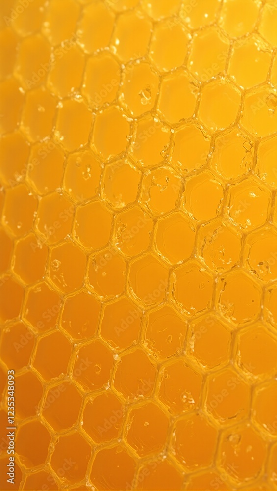 Macro shot of glowing honeycomb wax with hexagonal cells in golden hues