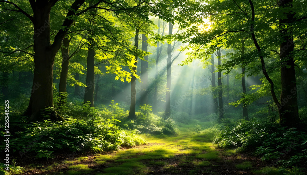 Obraz premium A breathtaking garden filled with vibrant, colorful flowers in full bloom, surrounded by lush greenery and towering trees. A winding stone path leads through the garden, with butterflies fluttering an