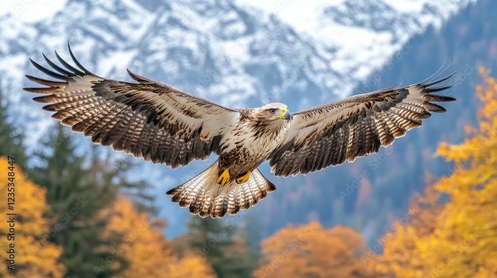 Obraz premium Eagle soaring, autumn mountains. Wildlife nature photography