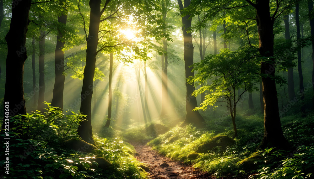 Obraz premium A breathtaking garden filled with vibrant, colorful flowers in full bloom, surrounded by lush greenery and towering trees. A winding stone path leads through the garden, with butterflies fluttering an