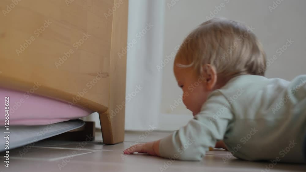 Curious and adventurous baby energetically reaches under piece of furniture, showcasing their innate curiosity and exploration as they joyfully discover their enchanting environment Curious and adventurous baby energetically reaches under piece of furniture, showcasing their innate curiosity and exploration as they joyfully discover their enchanting environment