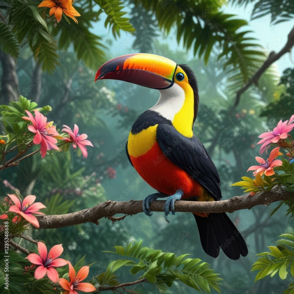 Colorful toucan bird in tree top with leaves and flowers, birdsong, outdoor landscape, colorful plumage Colorful toucan bird in tree top with leaves and flowers, birdsong, outdoor landscape, colorful plumage