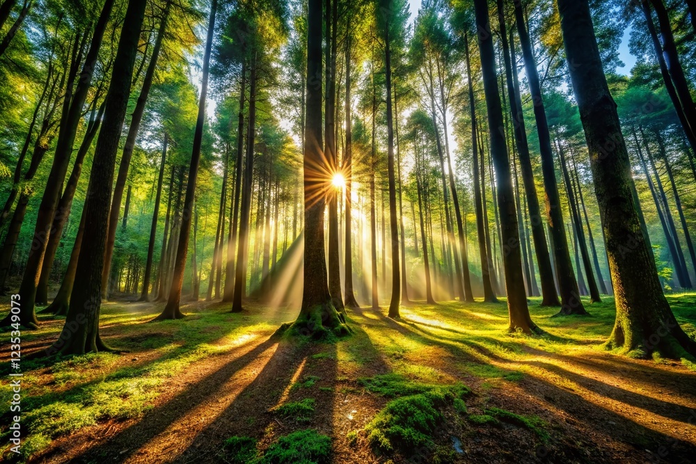 Fototapeta premium Silhouette of Tall Trees, Sunlight Dappled Forest Floor, Nature Photography