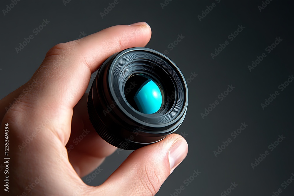 A hand holding a camera lens with a turquoise object inside, emphasizing photography. A hand holding a camera lens with a turquoise object inside, emphasizing photography.