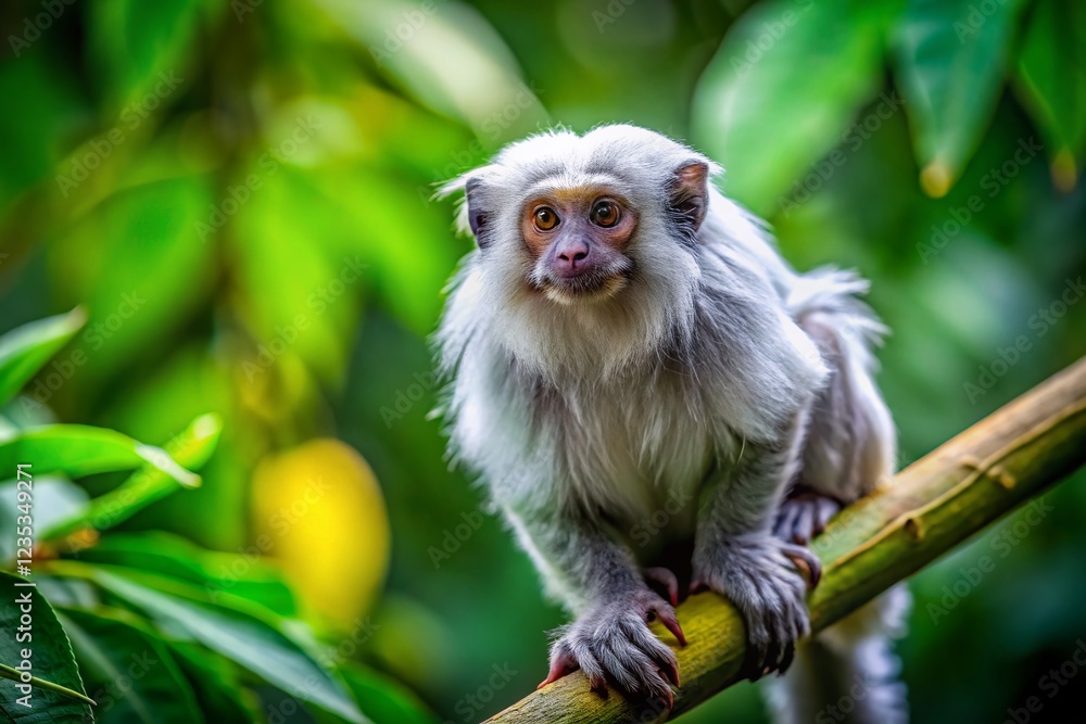 Fototapeta premium Silvery Marmoset Monkey in Rainforest Habitat - Wildlife Stock Photo