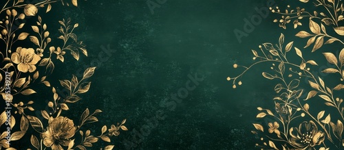 Elegant Gold Floral Frame on Emerald Green Background - Copy Space