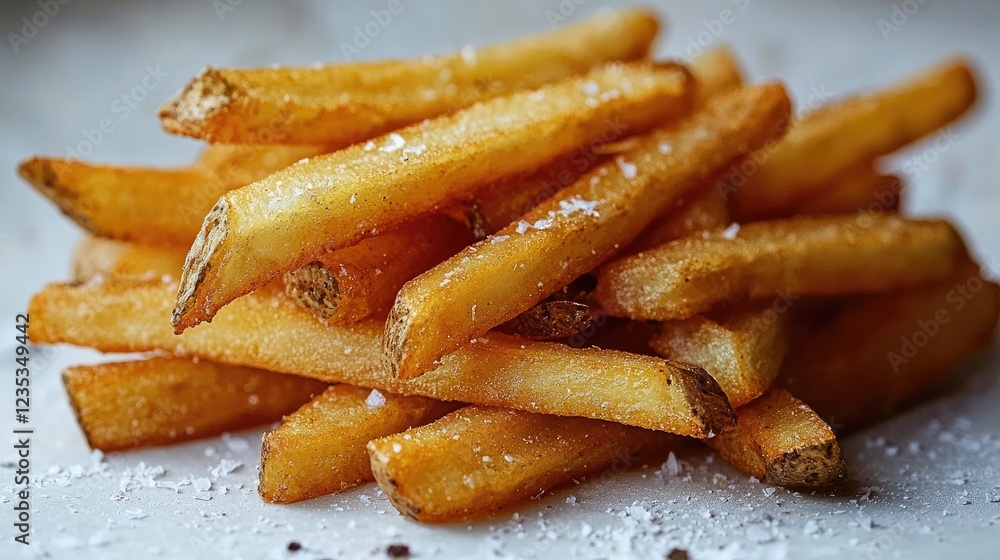 Crispy golden French fries stacked on a rustic surface with salt, inviting appetite Crispy golden French fries stacked on a rustic surface with salt, inviting appetite