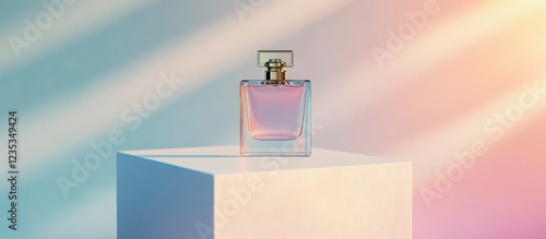 Wallpaper Mural Pink Perfume Bottle on White Podium, Pastel Background - Minimalist Product Shot Torontodigital.ca