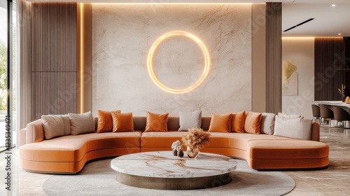 Levanto style living room, split tone sofa in gradient pink to orange velvet, circular marble coffee table, glowing resin wall art, recessed ceiling lighting photo