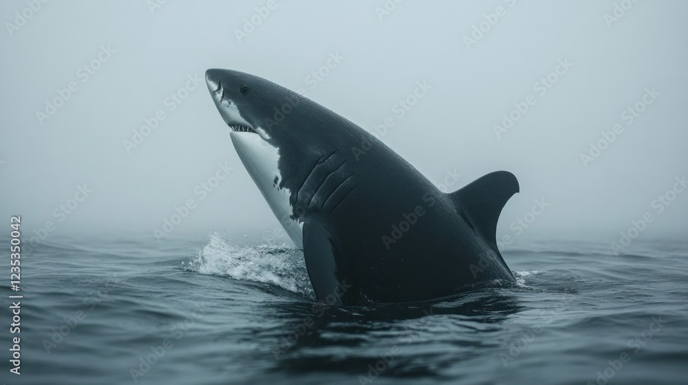 Fototapeta premium Great white shark breaching, ocean mist, wildlife photography, nature documentary