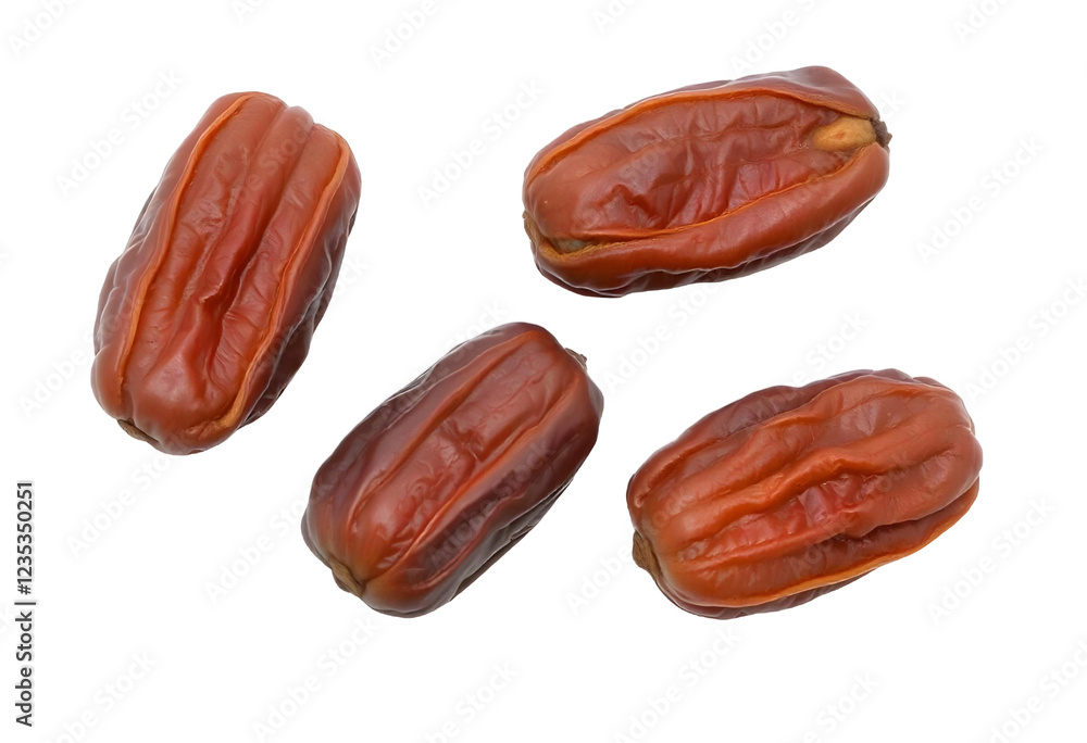 Sweet and Delectable Dates: Four plump dates, their rich brown skins glistening, are arranged in a captivating close-up, revealing their natural sweetness and alluring texture. Sweet and Delectable Dates: Four plump dates, their rich brown skins glistening, are arranged in a captivating close-up, revealing their natural sweetness and alluring texture.