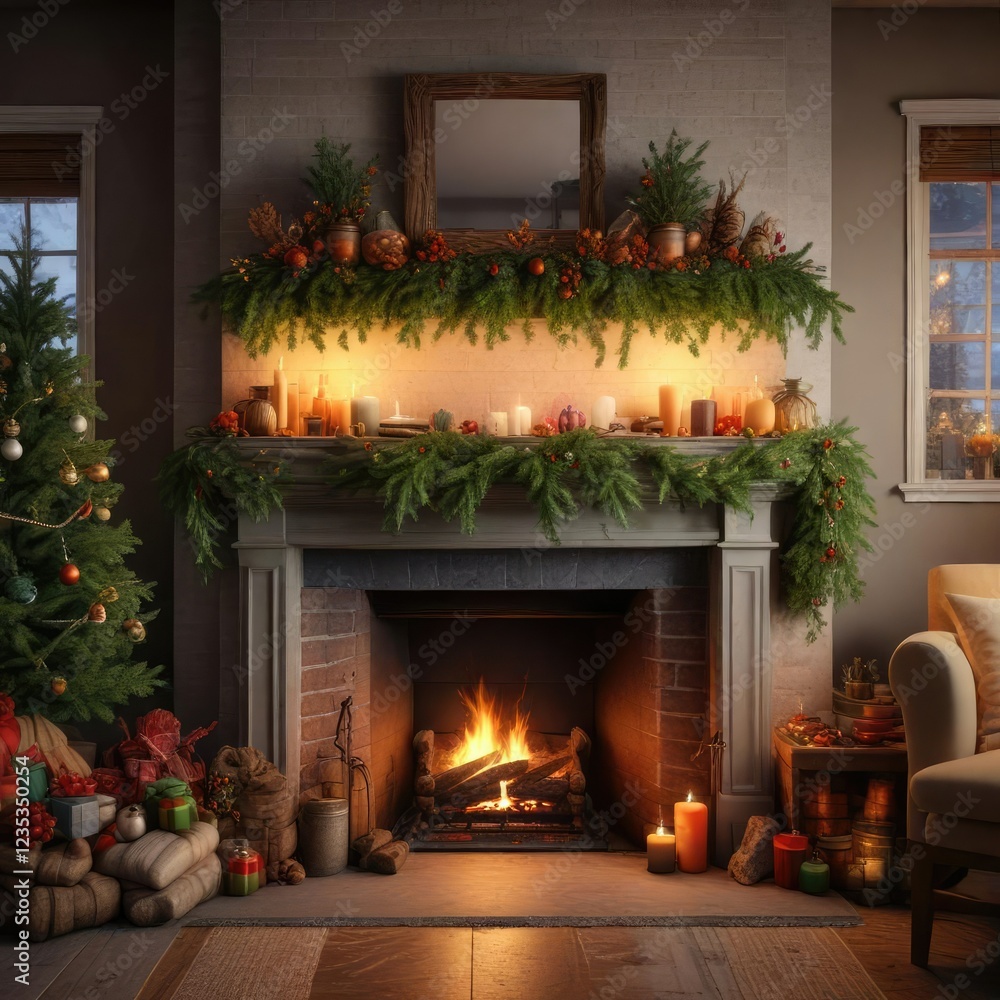 Cozy fireplace with greenery and festive decorations, mantel, snowflake Cozy fireplace with greenery and festive decorations, mantel, snowflake