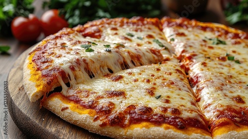 Wallpaper Mural Delicious cheese pizza with fresh herbs and tomatoes on a wooden table background Torontodigital.ca